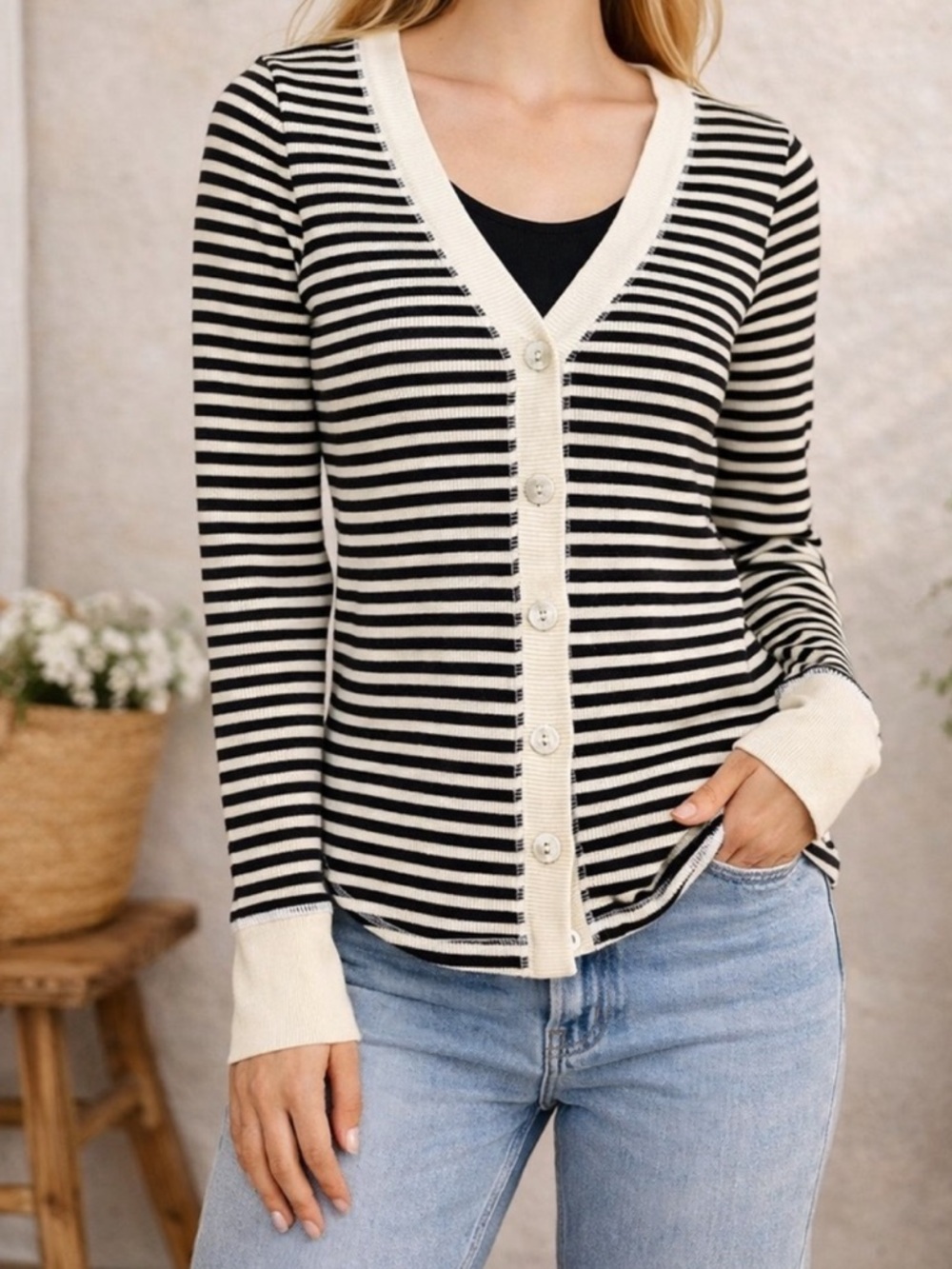 Black & White Striped Ribbed Cardigan | Button Front | Size Small?